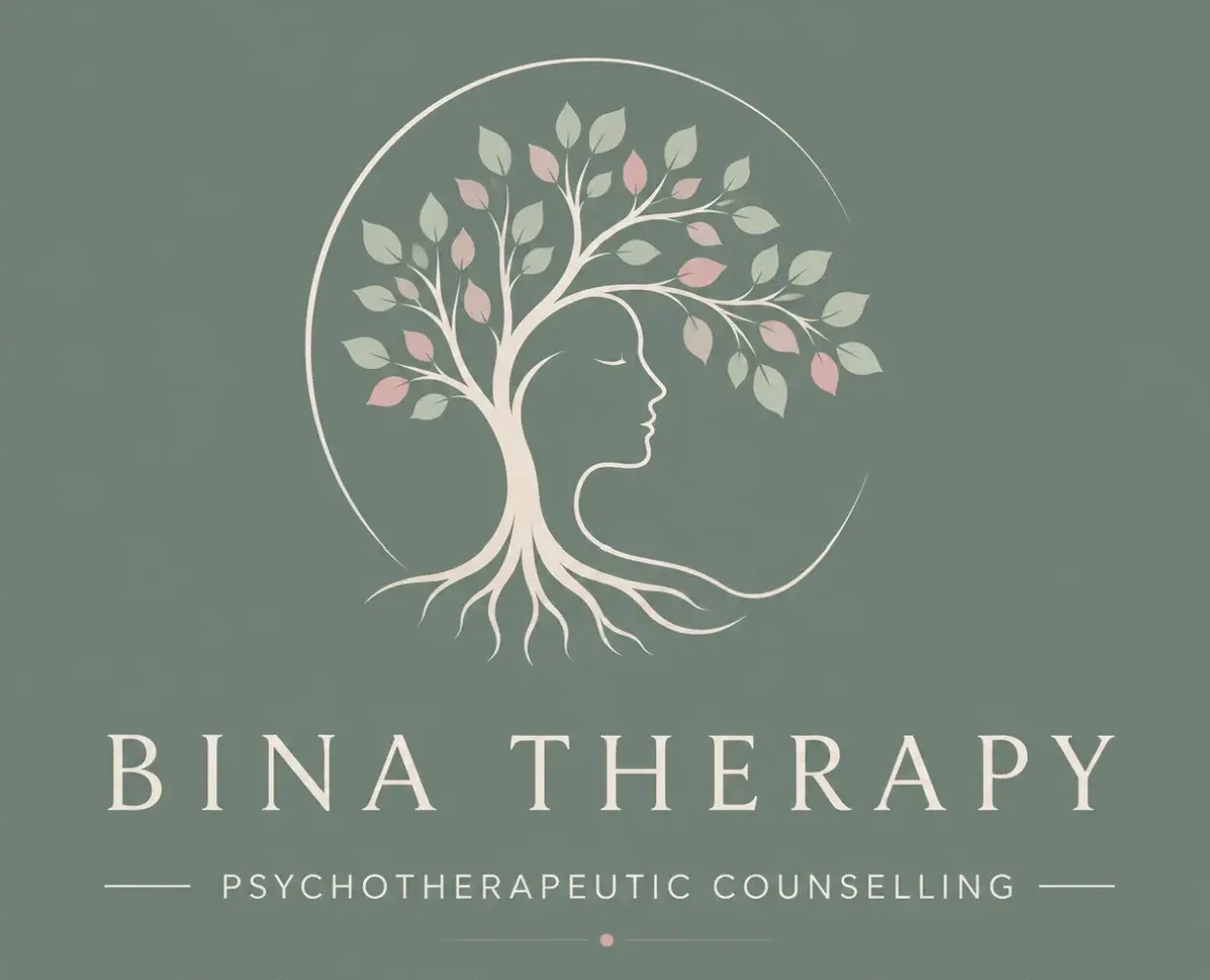 Bina Therapy logo featuring a stylized tree with leaves forming a human profile